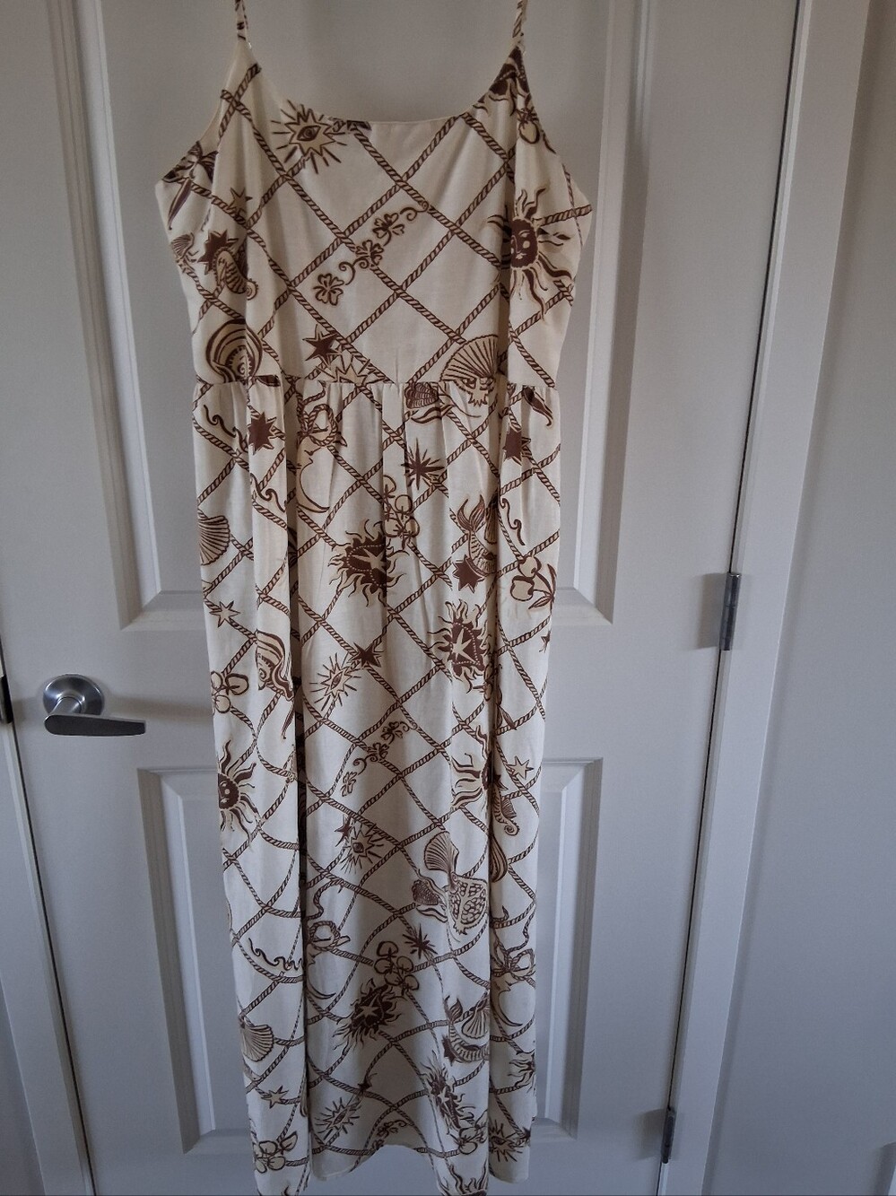 Cream and Brown Sun-Print Spaghetti Strap Maxi Dress